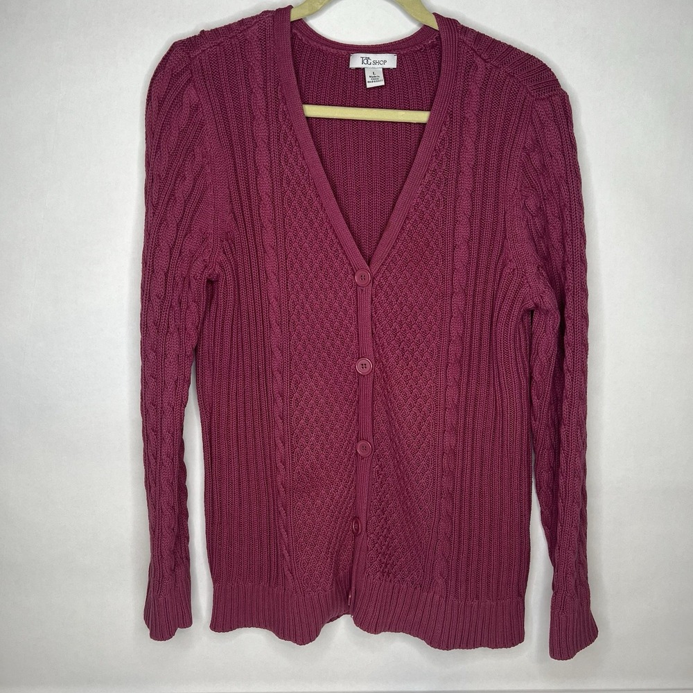 The Tog Shop Women's L Mauve Pink Cable Knit V Neck Cardigan Sweater Size Large